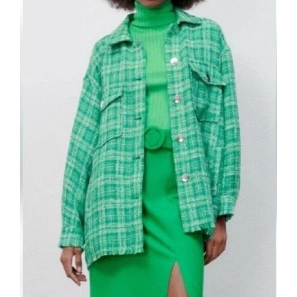 ZARA Woven Plaid Over Shirt Women's S Green Casual Comfy Retro 90s Y2K Boho - Picture 10 of 10